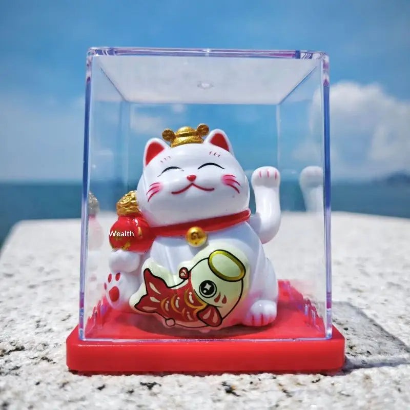 Solar Waving Lucky Cat Ornament | Mini 2" Desk Fortune Décor