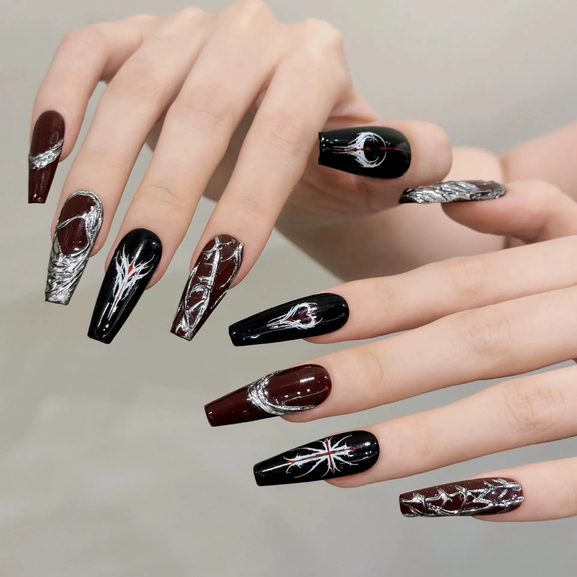 Handmade Press on Nails Dark Gothic Y2K False Nails Wearable Silver Stripe Decor Long Almond Spice Girls Wine Red Fake Nail Tips Peaceful Pleasures Health and Wellness