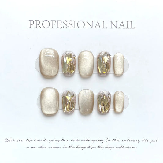 Korean Cat Eye Press-On Nails | Champagne Crystal Short Set Press-On Nail Set Peaceful Pleasures Health and Wellness M