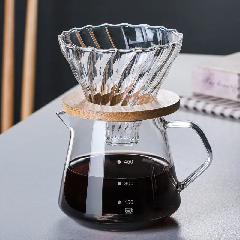 Pour Over Coffee Maker Set with Wooden Support Coffee Filter, Coffee Pot with Handle, Glass Coffee Dripper Peaceful Pleasures Health and Wellness 600ml Clear Filter