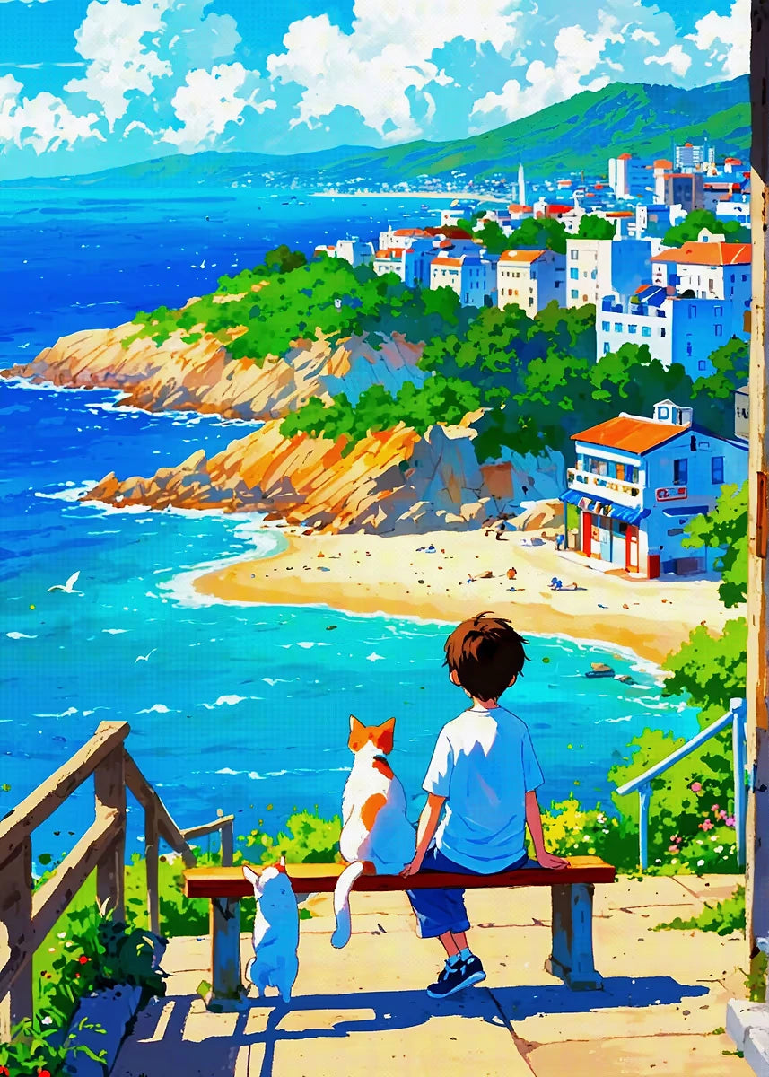 Seaside Town Landscape Canvas Wall Art | Coastal Poster Print