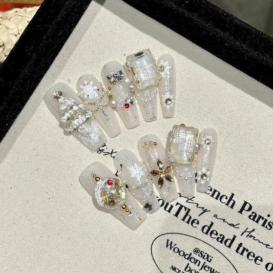 Handmade Christmas Press-On Nails | Snowflake & Xmas Design Press-On Nail Set Peaceful Pleasures Health and Wellness S