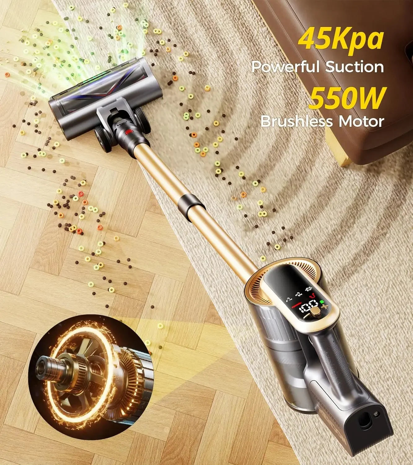 Cordless Vacuum Cleaner 550W 45Kpa 65Mins Self-Standing LED Display Anti-Tangle for Pet Hair Carpet Hard Floor Peaceful Pleasures Health and Wellness
