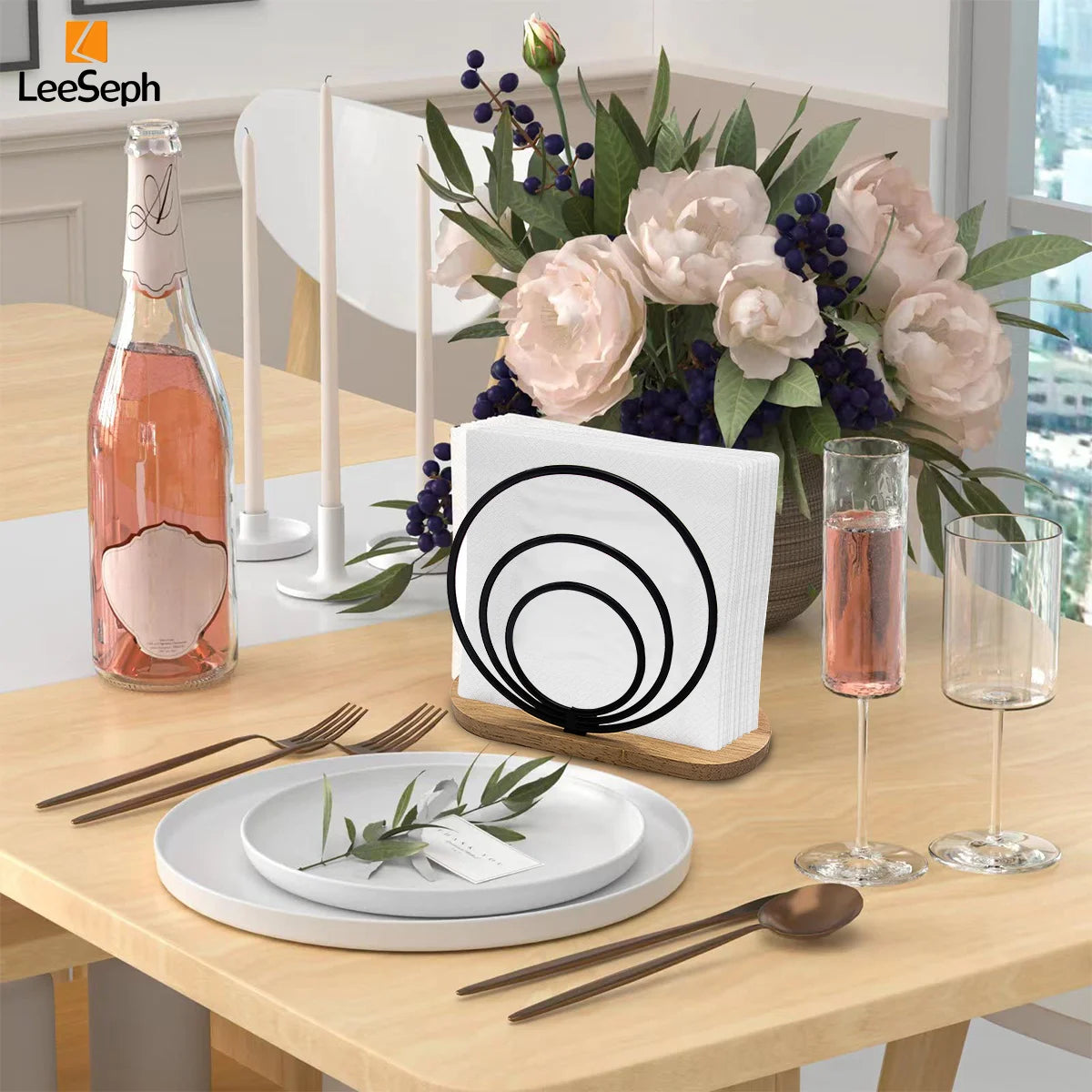 Leeseph Modern Napkin Holder with Wooden Base, Elegant Design for Dining Table, Sturdy and Decorative Holder for Paper Napkins Peaceful Pleasures Health and Wellness