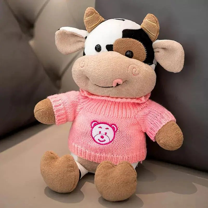 Cute Tongue Out Cow Plush Toy Removable Knit Sweater Stuffed Animal