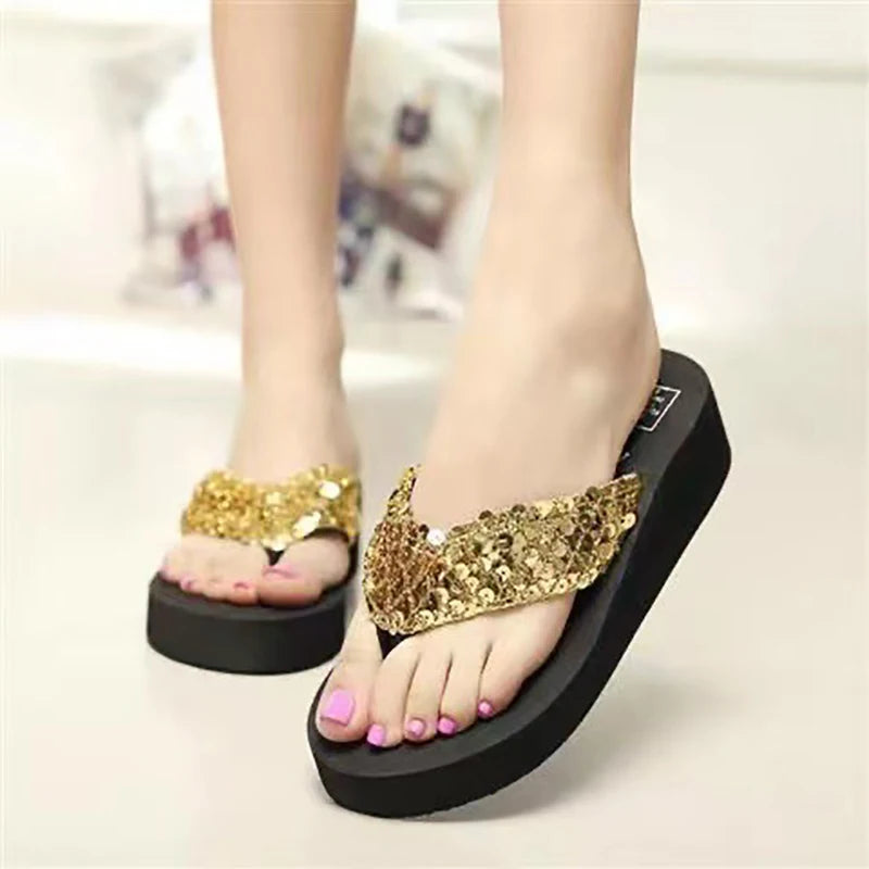 Women's Sequin Platform Flip Flops – Beach Thong Sandals