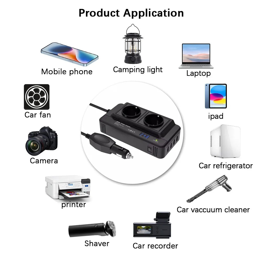 200W Peak Car Power Inverter DC 12V to 220V AC Cigarette Lighter With 4 USB Ports EU Socket Auto Power Accessories Peaceful Pleasures Health and Wellness