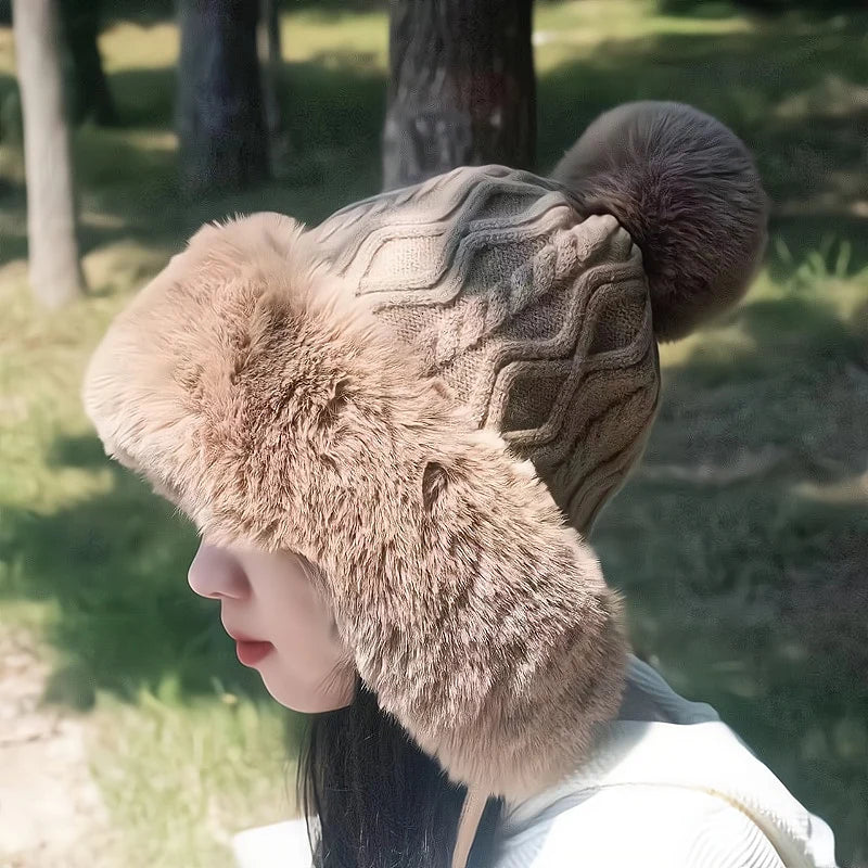 Women's Plush Ball Beanie | Winter Ear Protection Knit Hat