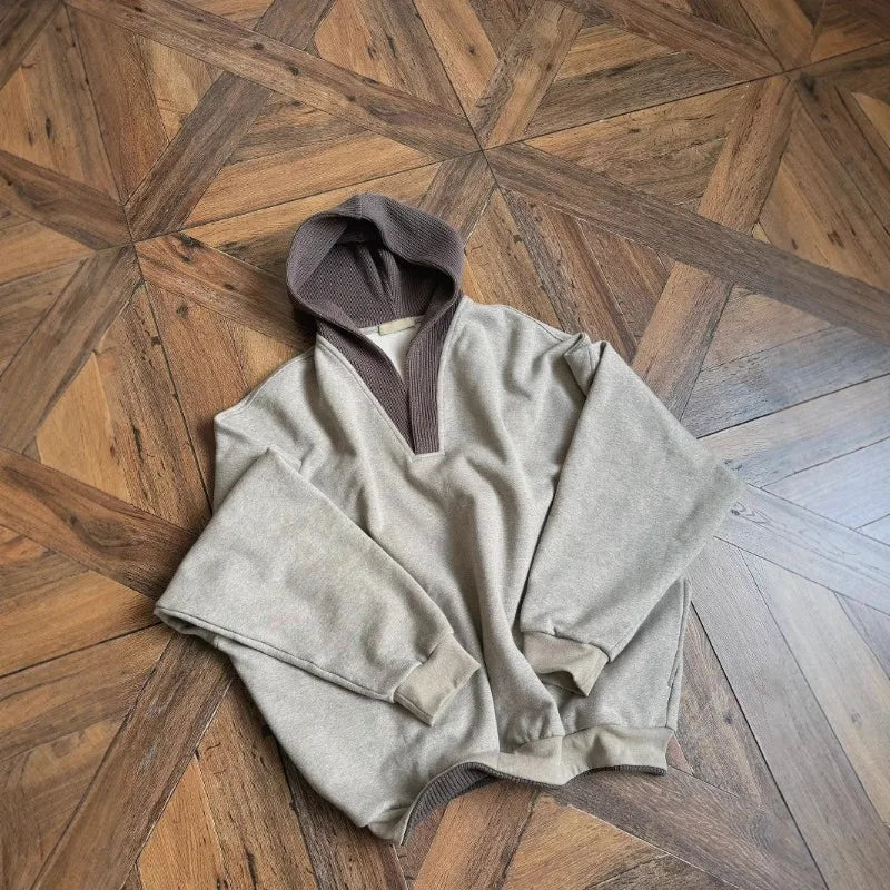 Men's Gray Loose Hooded Sweatshirt | Color-Block Casual Pullover