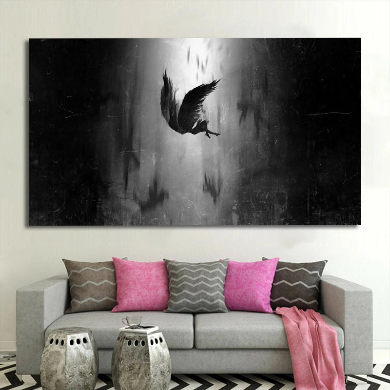 The Angel Lucifer Falls From Heaven Canvas Painting Black Wings Anime Posters and Prints for Living Room Decoration Cuadros Peaceful Pleasures Health and Wellness