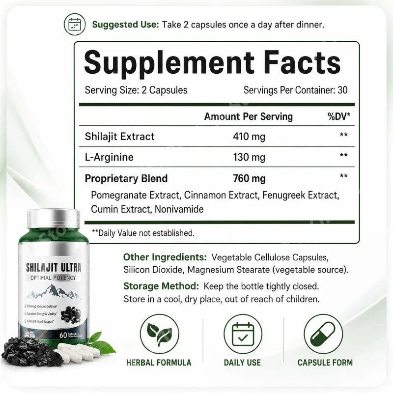 Shilajit Ultra Daily Energy & Vitality | L-Arginine 60 Caps