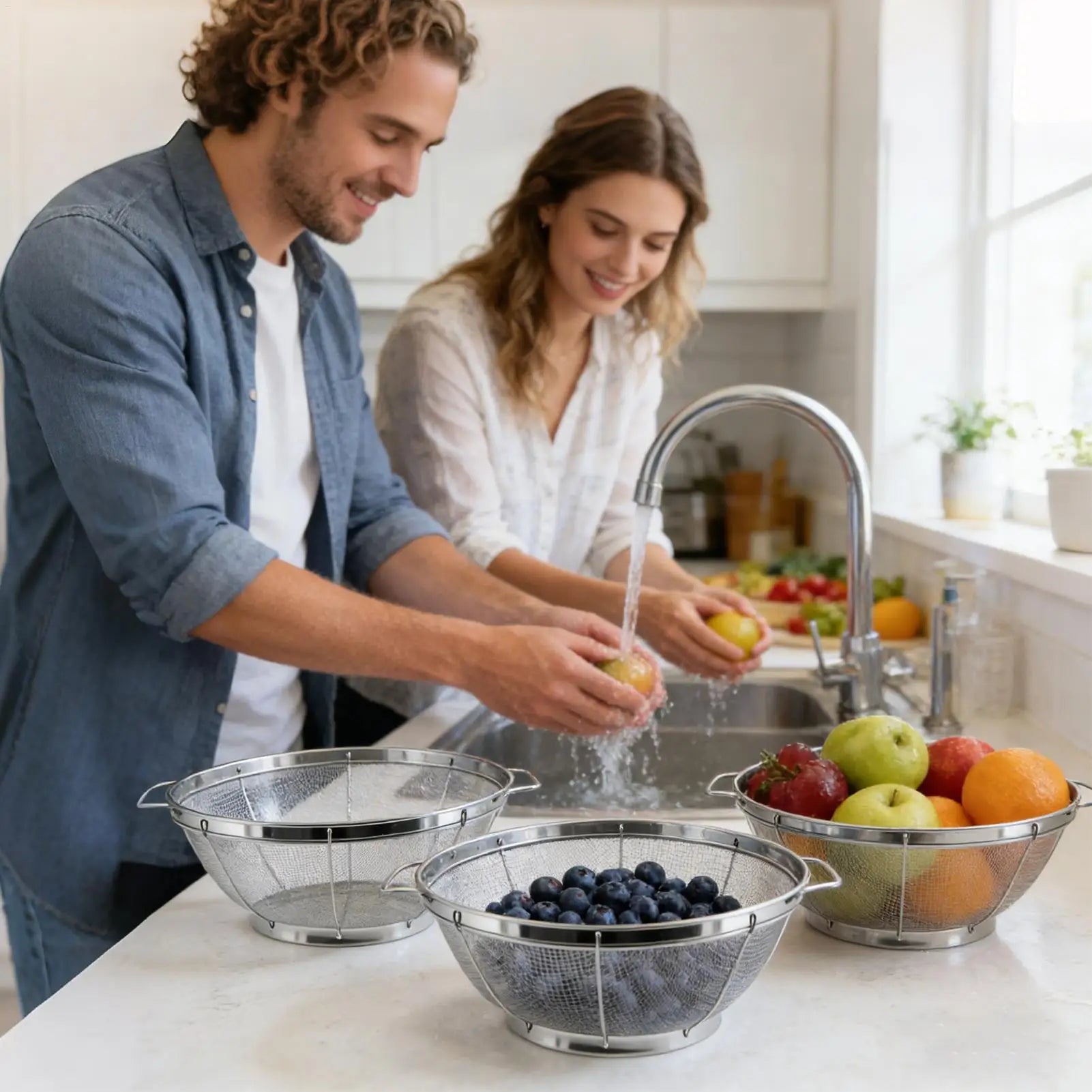 3 Pieces Kitchen Metal Strainers Pasta Strainer Baskets with Handle Stainless Steel Colander Sieves for Spaghetti Fruit Veget Peaceful Pleasures Health and Wellness