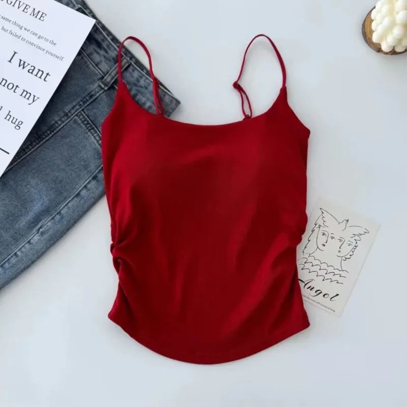 Horetong Women Pleated Camisole with Chest Cushion 2026 Spring Summer Adjustable Sleeveless Tops Sexy Sweet Slim Elastic Camis Peaceful Pleasures Health and Wellness Red One Size