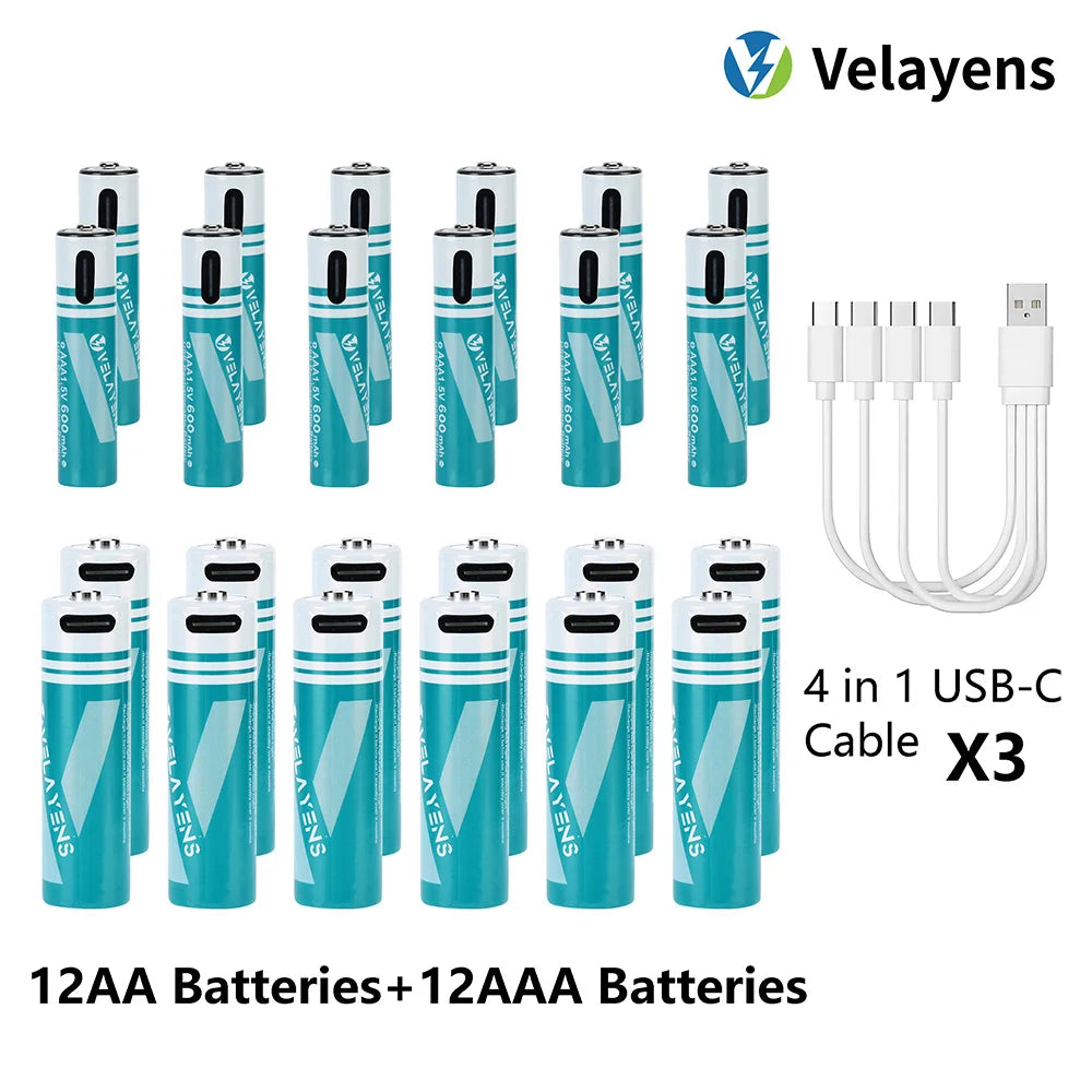 1.5V USB Rechargable Lithium Battery AA 2200mAh + AAA 600mAh Actual Capacity Fast Charging 2000+ Charge Cycles Peaceful Pleasures Health and Wellness 12AA 12AAA