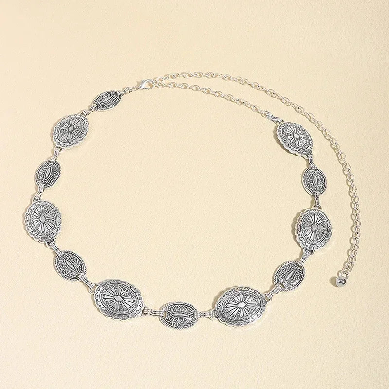 Retro style women's metal waist chain accessories Decorative circle carved chain belt high style accessories Peaceful Pleasures Health and Wellness