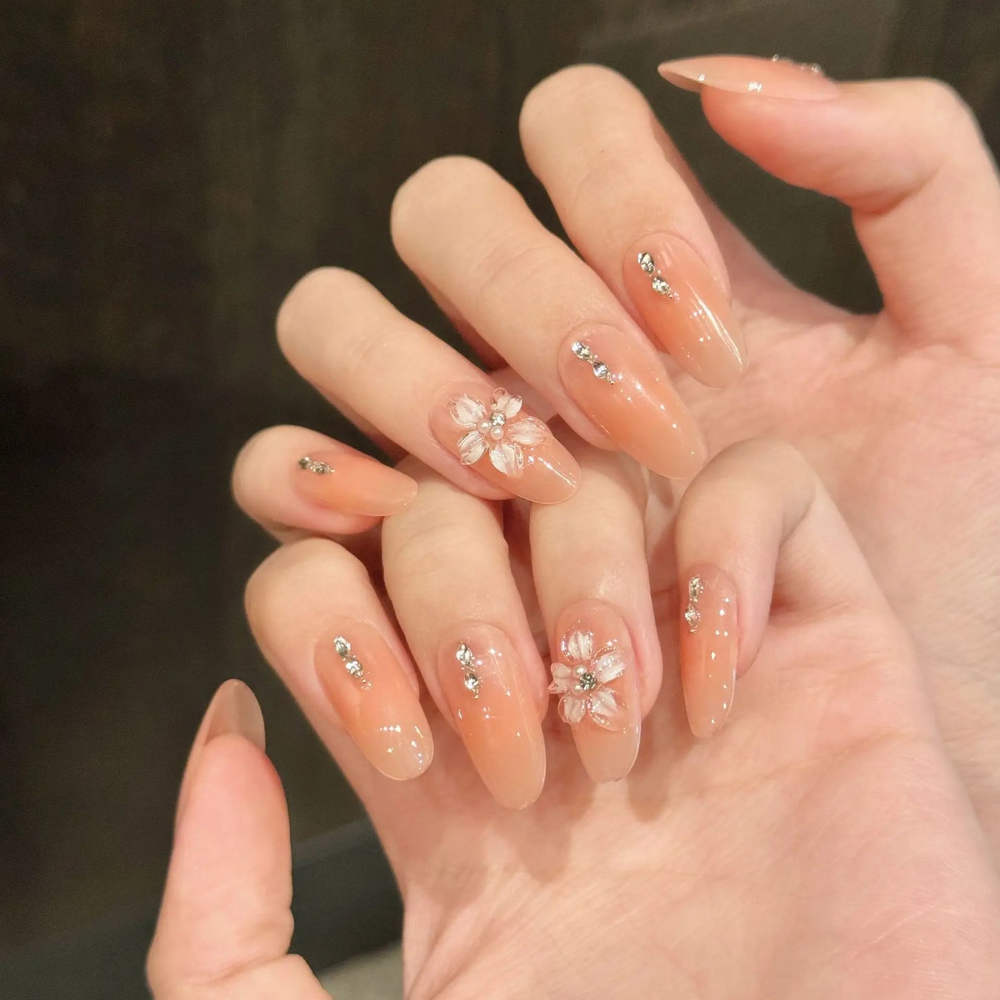 Press On Nails Pink Almond Cat Eye Korean Flower Design – 10pc Press-On Nails Peaceful Pleasures Health and Wellness