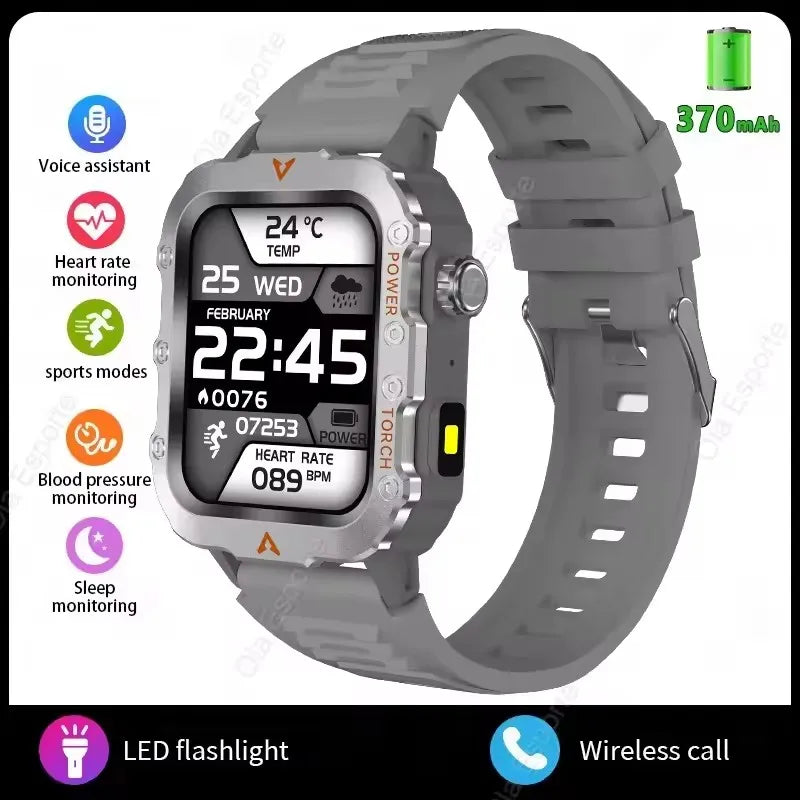 2026 New Military Outdoor Smart Watch Men's GPS Flashlight Bluetooth Call 2.01" AMOLED Screen 3ATM Waterproof Sports Smartwatch Peaceful Pleasures Health and Wellness Silver Smartwatch