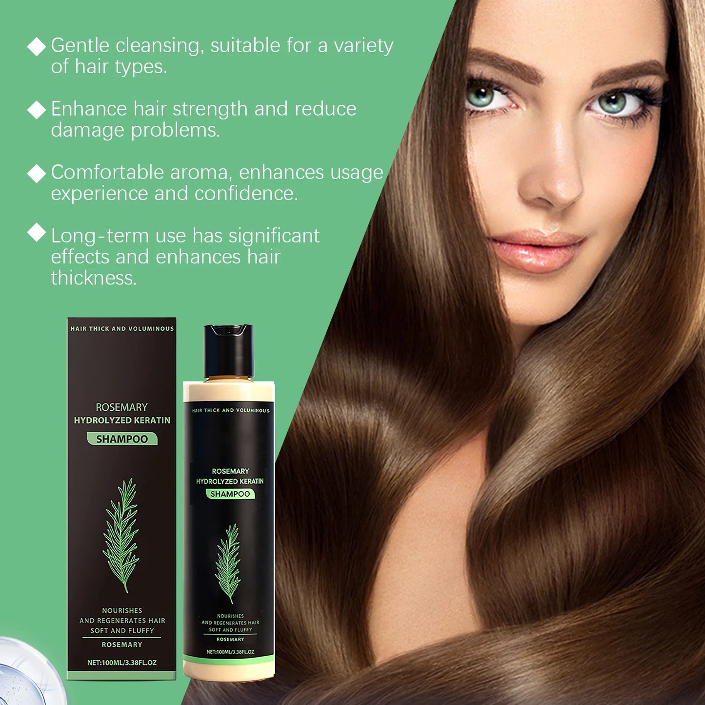 Rosemary Hydrolyzed Keratin Shampoo 100ml, Volumizing Thickening Cleanser Anti-Frizz Repair Nourishing Shampoo for Damaged Hair Peaceful Pleasures Health and Wellness