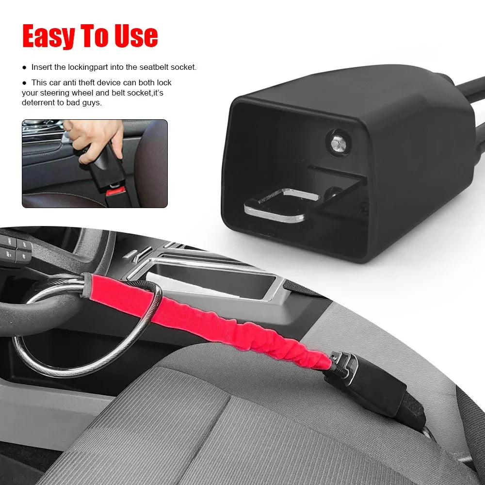 Car Steering Wheel Lock With Seat Belt Socket Steel Rope For Truck SUV Van RV With 3 Keys Universal Anti Theft Protection Device Peaceful Pleasures Health and Wellness