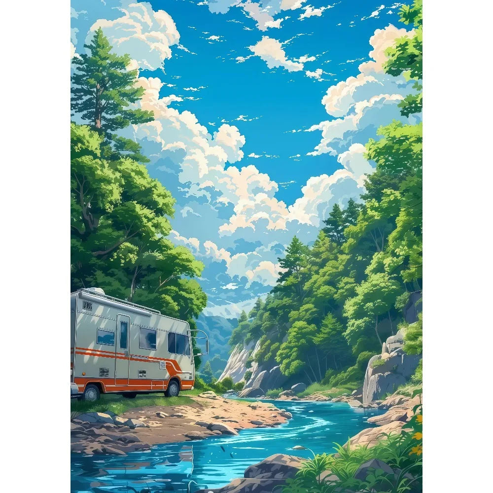 Anime Summer Landscape Canvas Wall Art | Beach Forest Cabin