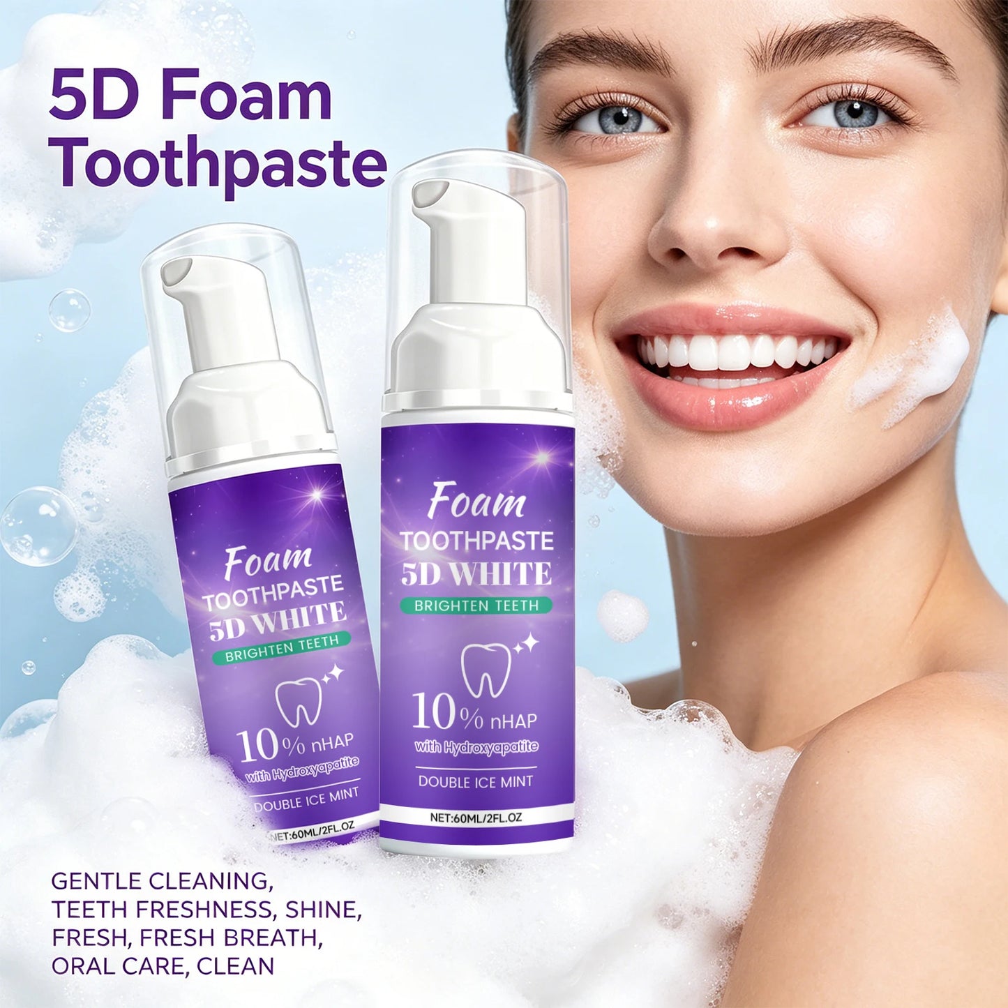 5D White Foam Toothpaste 10% Nhap Enamel Repair Fresh Breath Coffee/Smoke Stain Remover Mint Toothpaste Brightening Teeth Care Peaceful Pleasures Health and Wellness