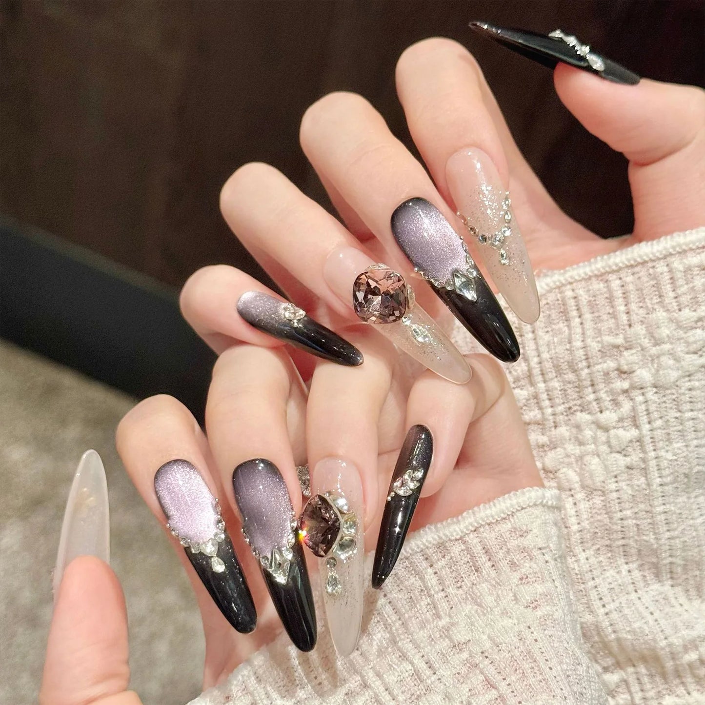 10pcs Handmade Press on Nails Light Luxury Flash Purple Cat's Eye Fake Nails Wearable Shiny Diamond Decor False Nails Almond Tip Peaceful Pleasures Health and Wellness M