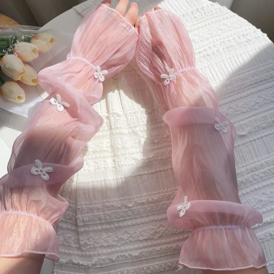UV Ice Silk Arm Sleeves – Cooling Bow Fairy Style Sun Cover UV Arm Sleeves Oasis Select Pink