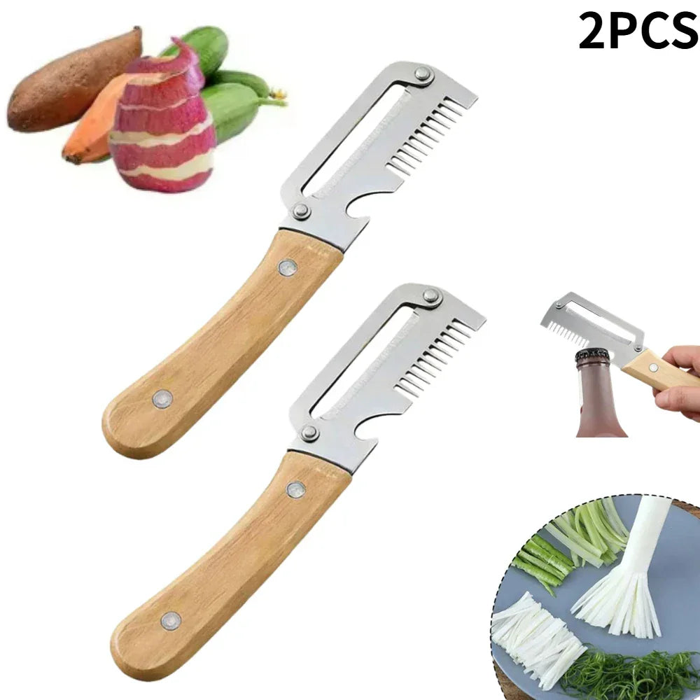 3-in-1 Multifunction Kitchen Peeler, Wooden Handle Stainless Steel Serrated Knife, Vegetable Fruit Peeler Shredder Bottle Opener Peaceful Pleasures Health and Wellness 2 X Wooden handle