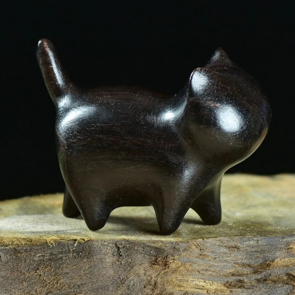 Handmade Wooden Cat Figurine with Bell | Natural Wood Decor