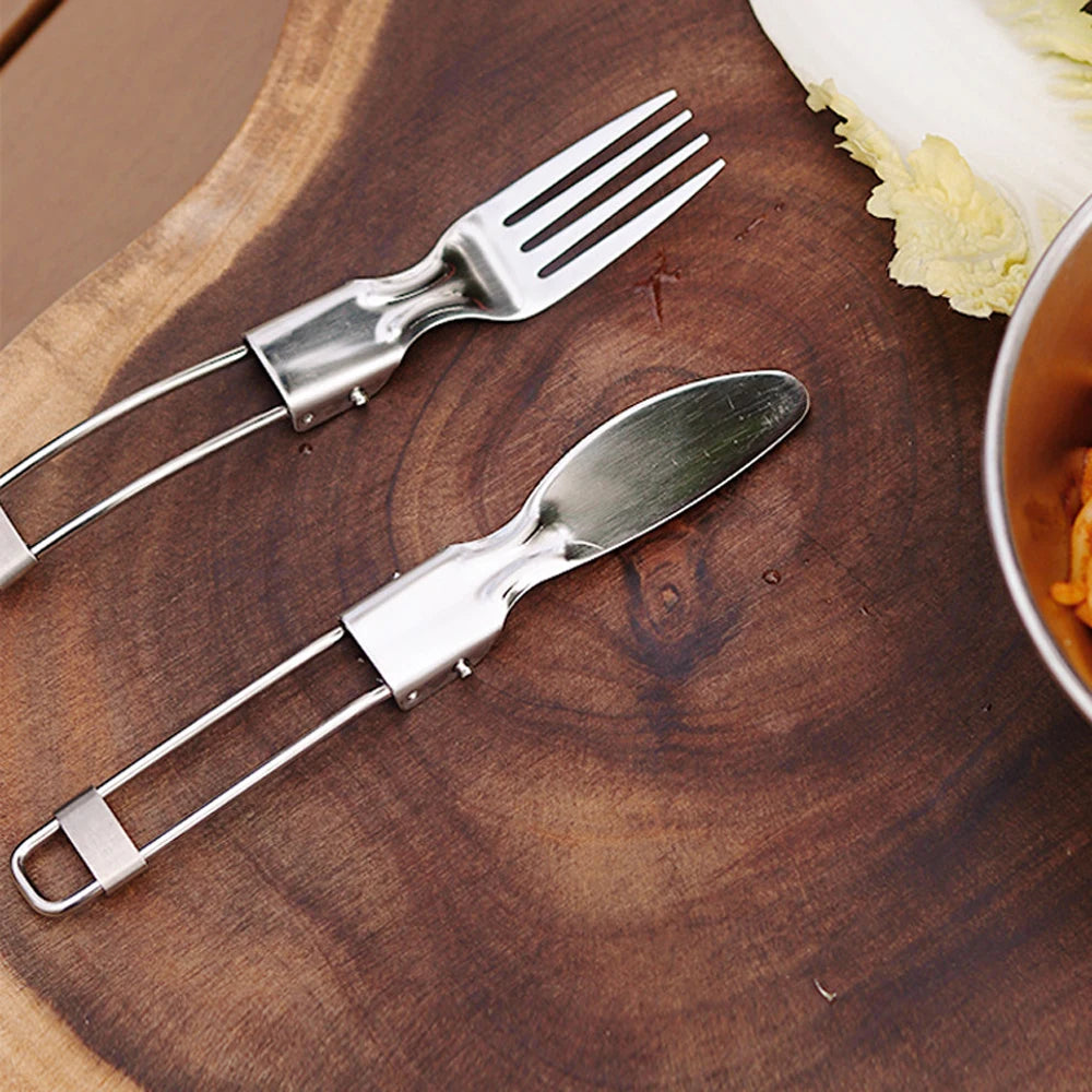 Portable 304 stainless steel folding tableware salad spoon fork chopstick set for Outdoor Camping Hiking Picnics Travel Peaceful Pleasures Health and Wellness