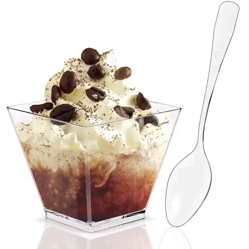 50pc Disposable Plastic Mousse Cup Ladder Shaped Cup Pudding Cup Mini Square Clear Plastic Dessert Cups Yogurt Mousse Baking Peaceful Pleasures Health and Wellness