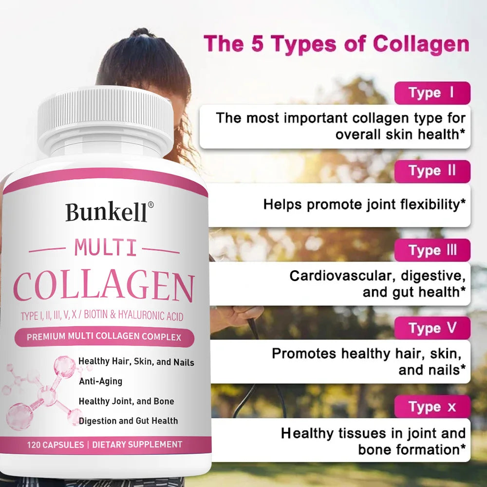 Multi Collagen Supplement - Types I, II, III, V & X with Biotin, Skin, Hair, Nails & Joint Support, Non-GMO, 120 Capsules Peaceful Pleasures Health and Wellness