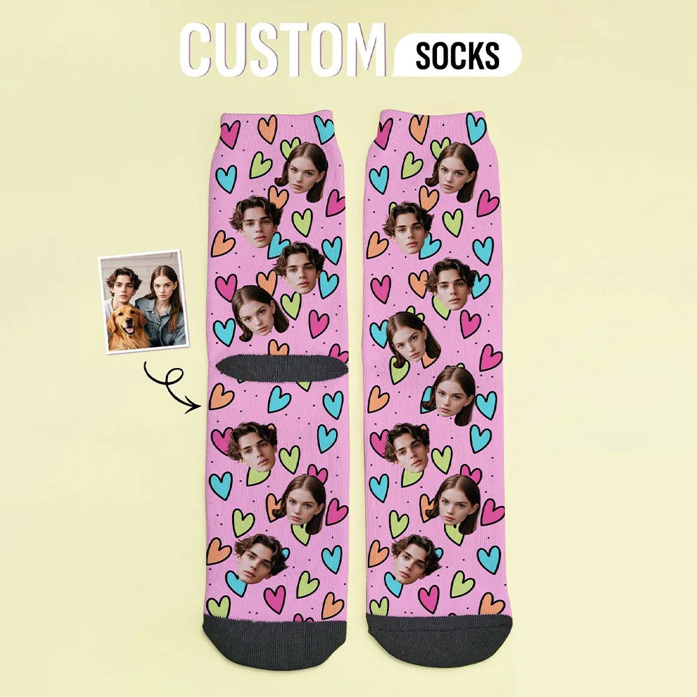 Custom Couple Face Socks Personalized Pink Photo Socks 2 Faces Printed Funny Socks Anniversary Valentine Gift Peaceful Pleasures Health and Wellness