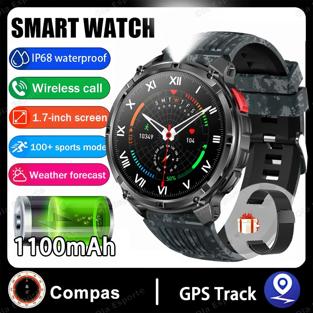 Rugged Military Smartwatch 1100mAh | Compass & Fitness Tracker