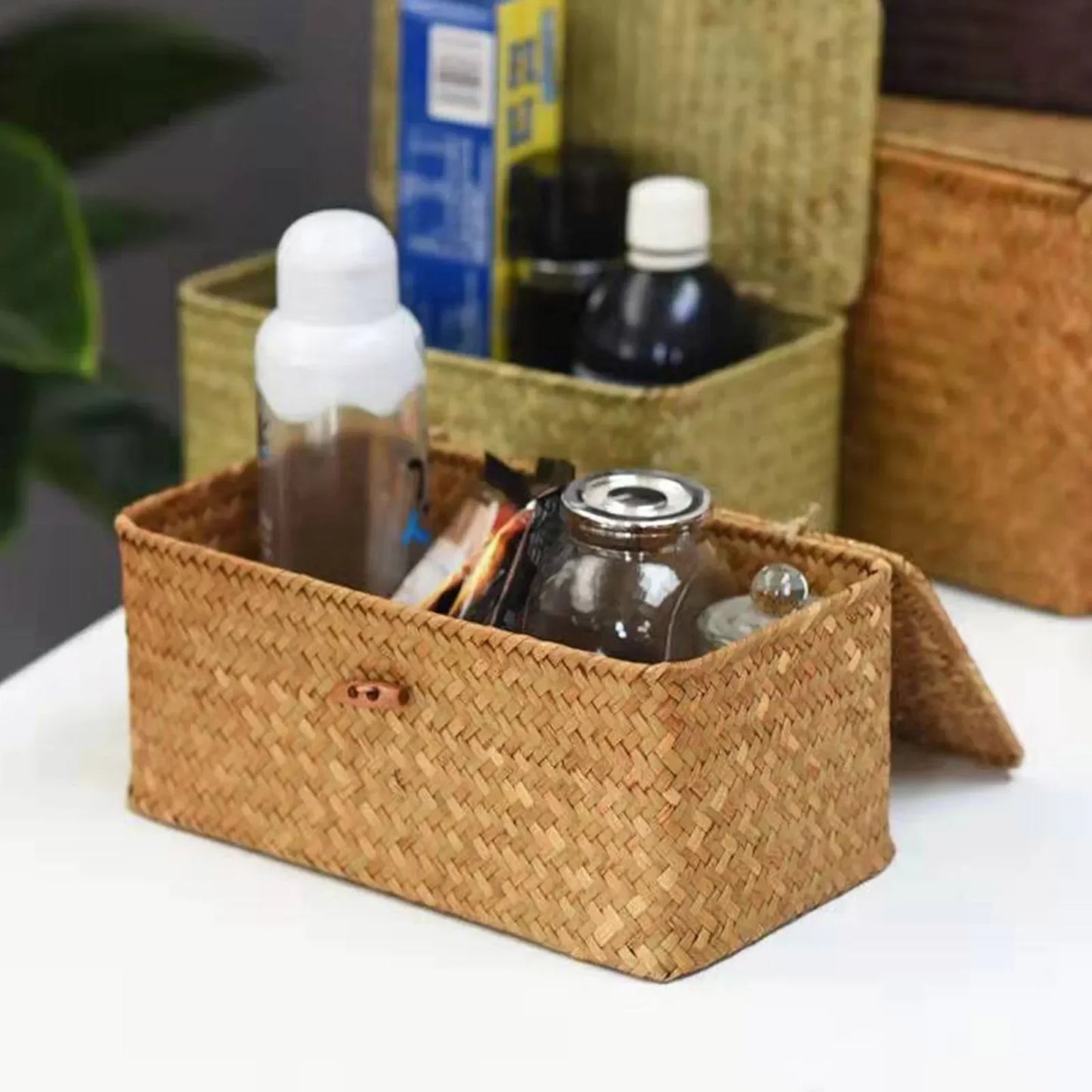 Handcrafted Woven Seagrass Storage Basket with Lid