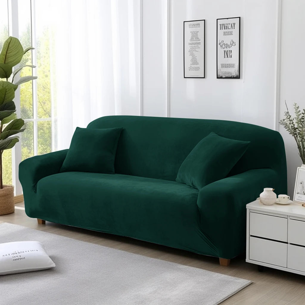 Thick Velvet Sofa Covers 1 2 3 4 Seater Stretch Non-Slip Couch Cover Furniture Protector Plush Sofa Slipcovers with 1 Pillowcase Peaceful Pleasures Health and Wellness Green 1seat (90-140cm)