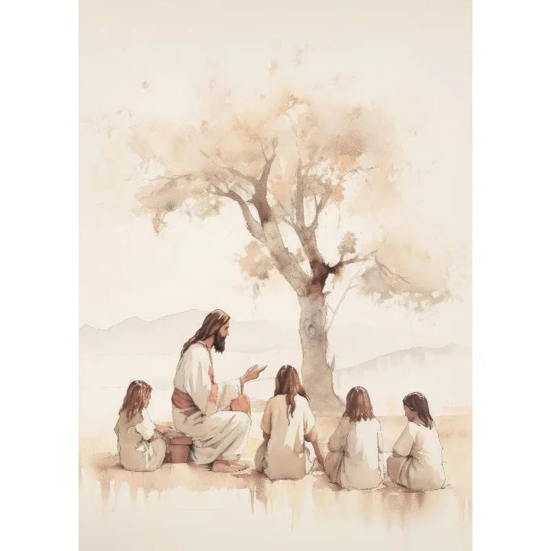 Retro Watercolor Jesus with Children Portrait Christian Religious Poster Canvas Painting Wall Art Pictures Home Decor Gift Peaceful Pleasures Health and Wellness 6 55x75cm