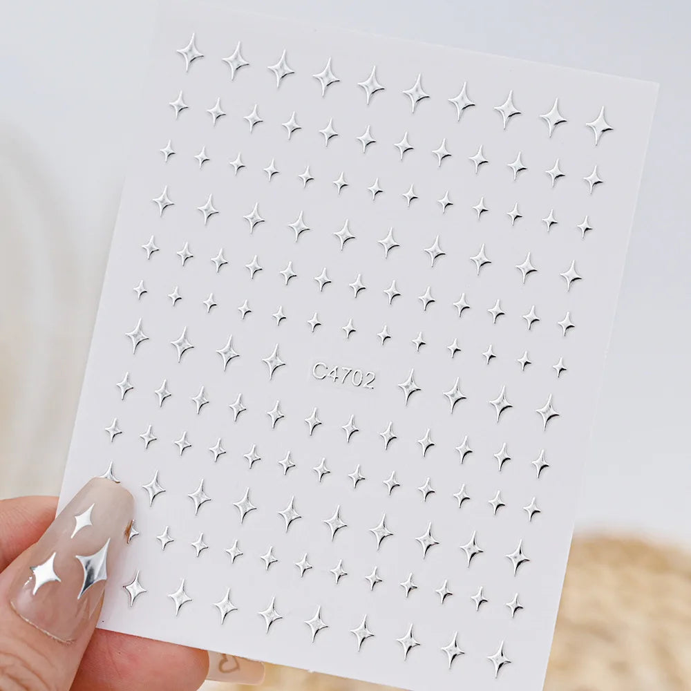 3D Silver Nail Art Stickers – Stars, Hearts & Chain Decals