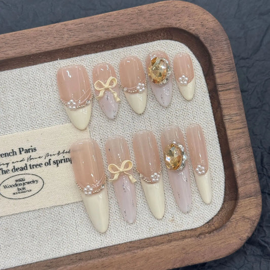 10pcs Handmade Almond Press on Nails White Bow Large Crystal Design False Nails Wearable Full Cover French Girl False Nail Tips Peaceful Pleasures Health and Wellness