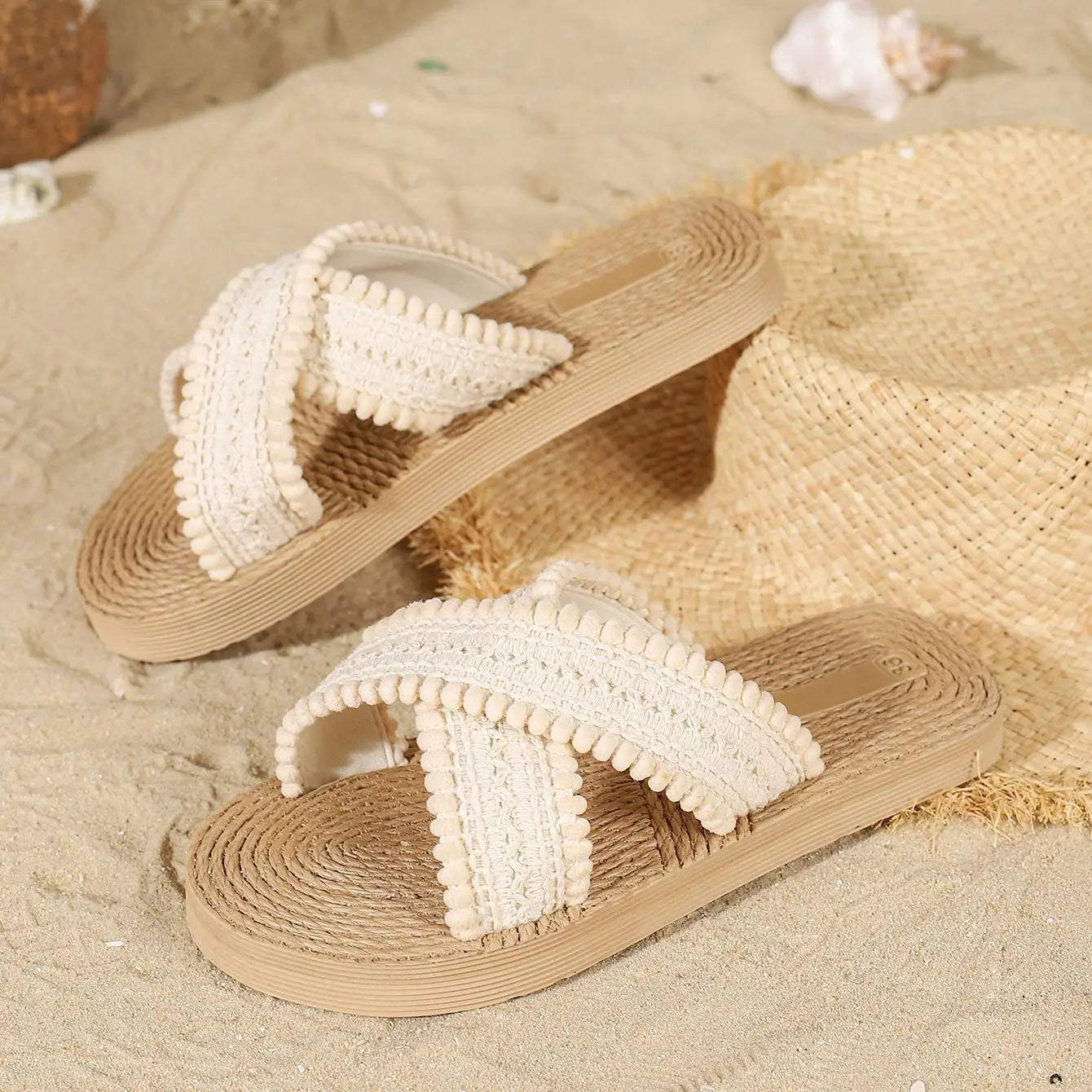Women's Open Toe Linen Slippers | Summer Flat Slide Sandals