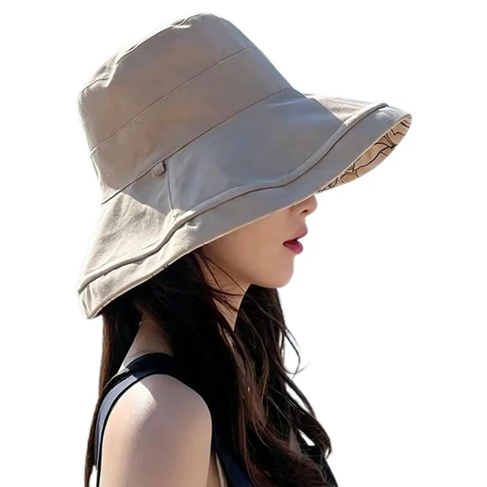 Double-Sided Printed Sun Hat Dual-Style Reversible Wear Sun Protection Windproof Rope Flower Print Wide Brim Fisherman Hat Women Peaceful Pleasures Health and Wellness Beige