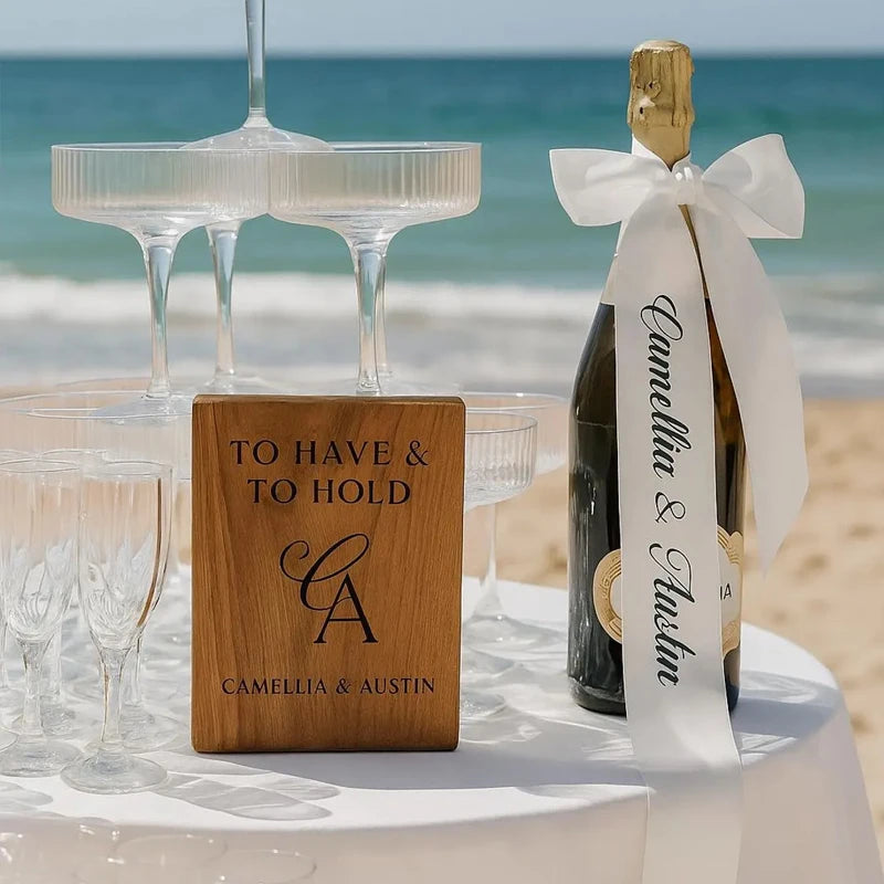 5pcs Personalized Wedding Ribbon Champagne Glass & Chair Decor