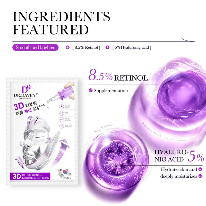 DR.DAVEY 3D Lifting Wrinkle Facial Mask Sheet Facial Care Moisturizing and Tender Skin Easy to Absorb Portable 10 Tablets/Box Peaceful Pleasures Health and Wellness