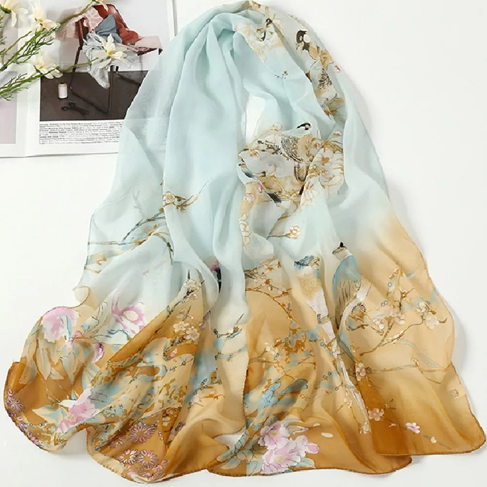 Women's Chiffon Floral Scarf – Gradient Long Wrap Shawl 160×50cm