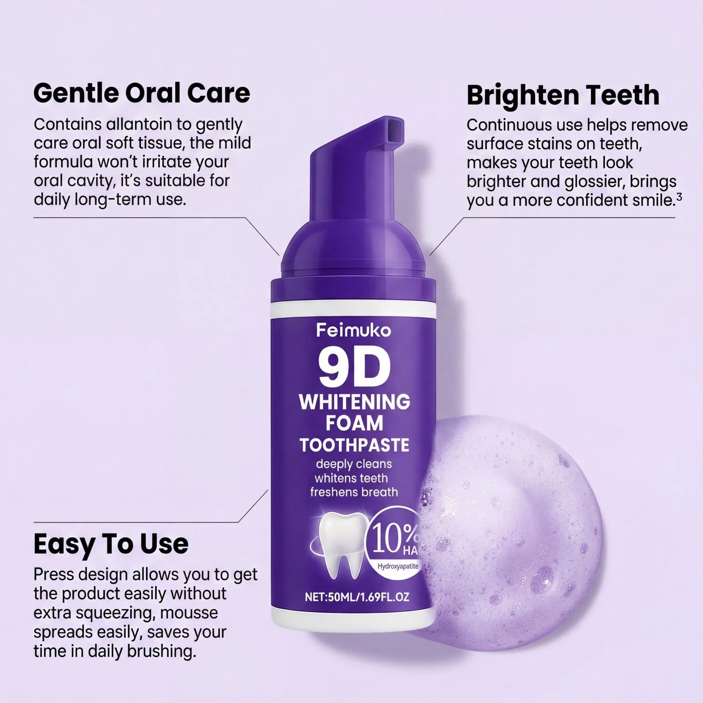 9D Whitening Foam Toothpaste | 10% Hydroxyapatite | 50ml