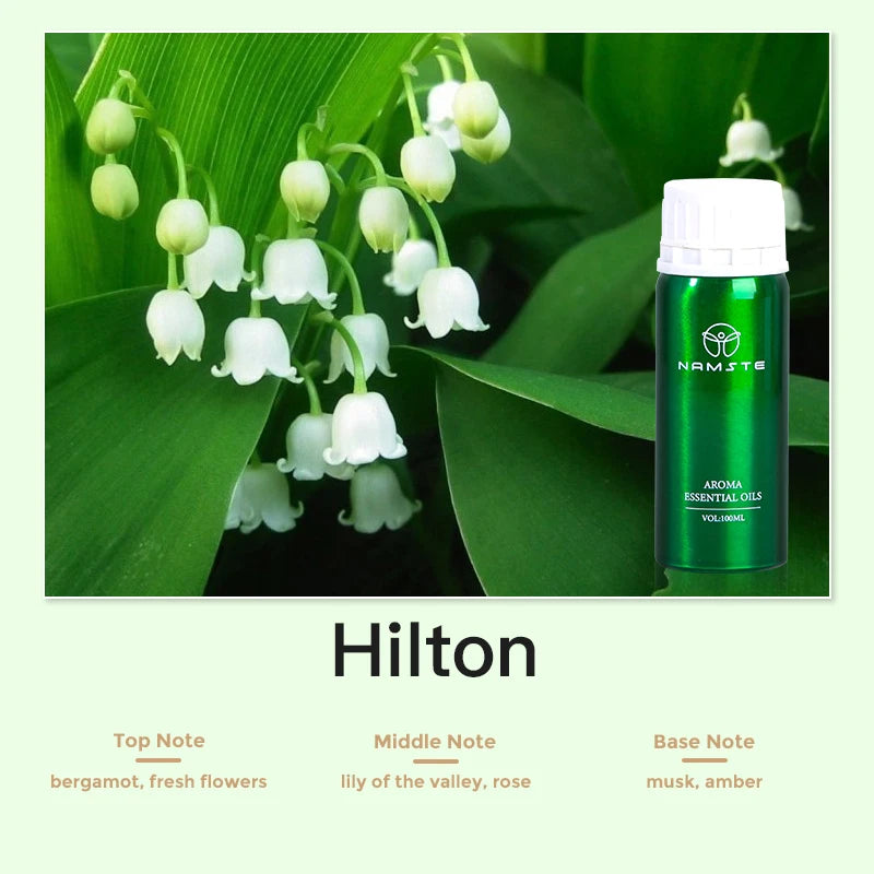 Green essential oil bottle with lily of the valley flowers on a green background