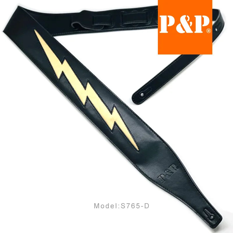 PP Guitar Strap Leather Shoulder Pads Lightning Cowhide Brown White