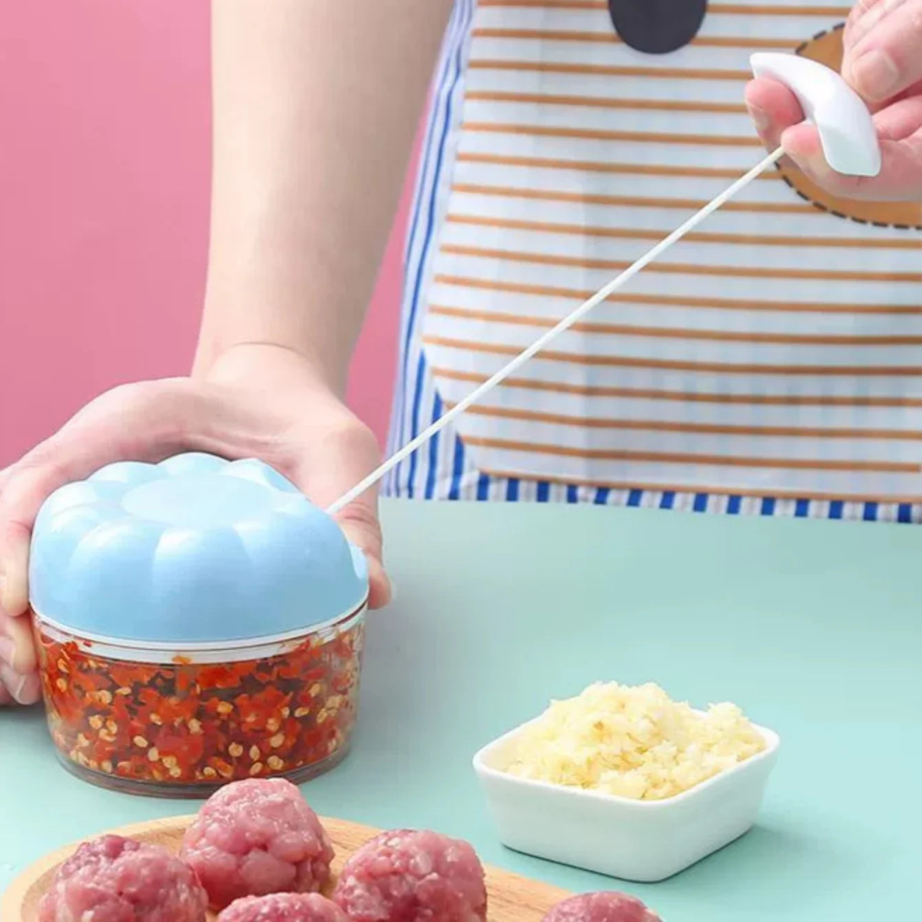 Manual Pull String Vegetable Chopper with Container & Mincer