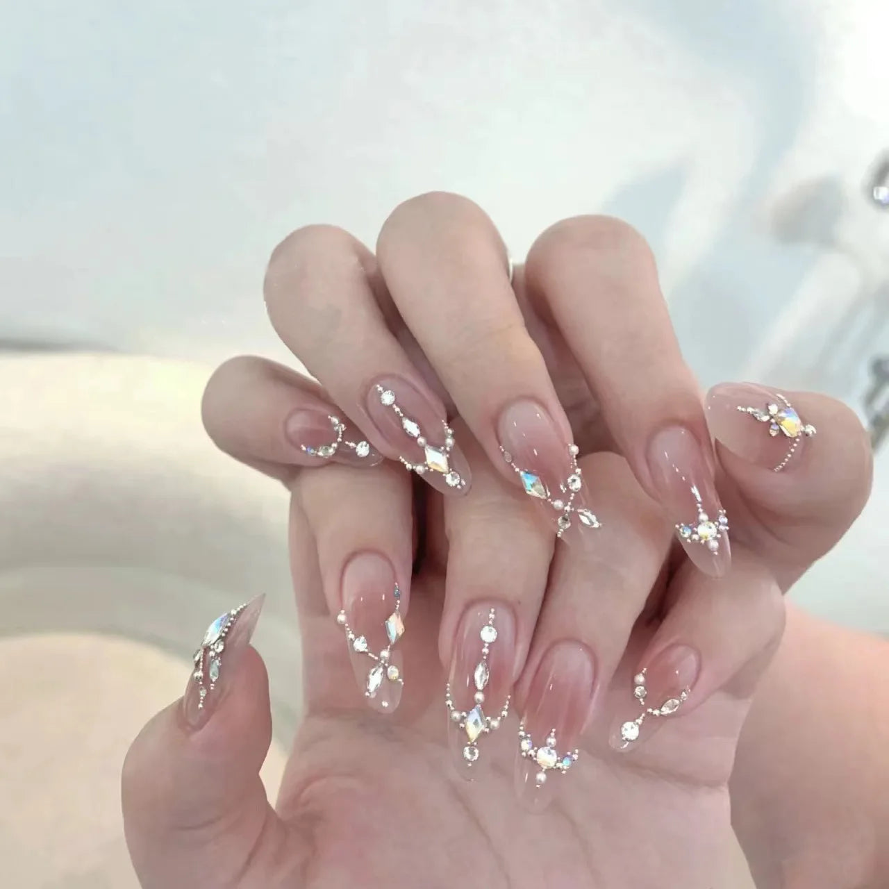 Handmade Press on Nails Pink Blush Shiny Rhinestone Decor False Nails Full Cover Wearable Sweet Korean Almond Fake Nail Tips Peaceful Pleasures Health and Wellness