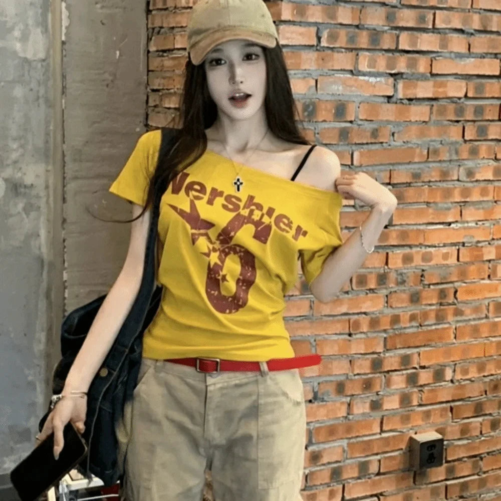 Y2K Off Shoulder Crop Top – Letter Print Skew Collar Women's Tee